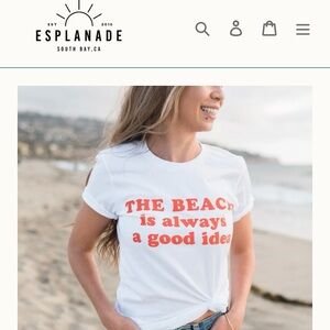 Esplanade beach graphic White T-Shirt with Red Text large